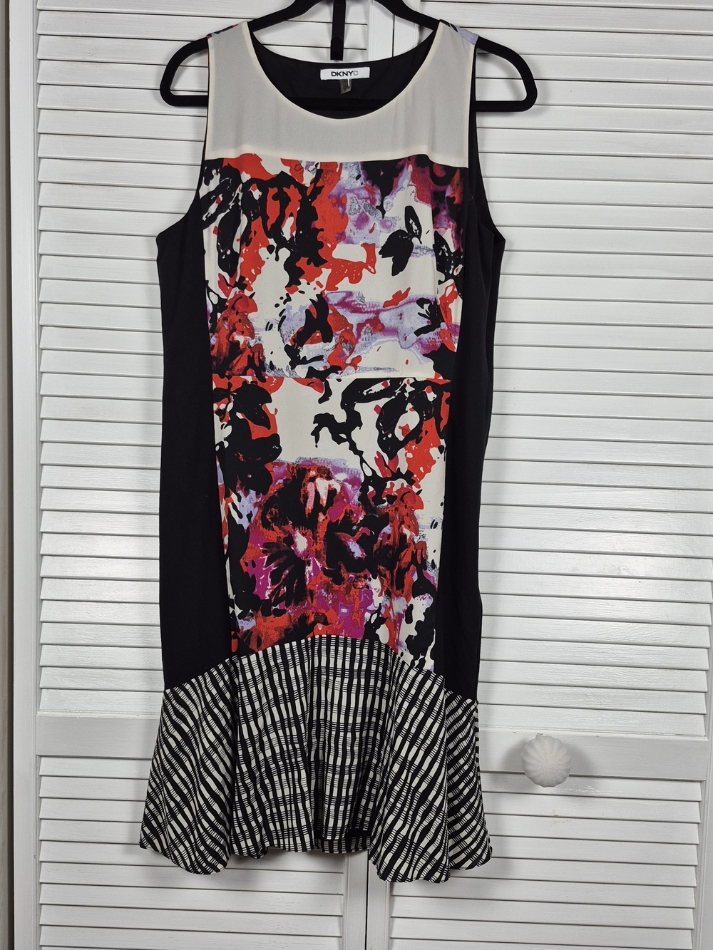 DKNYC Abstract Floral Sheath Dress Sleeveless Ruffle Hem Size 14